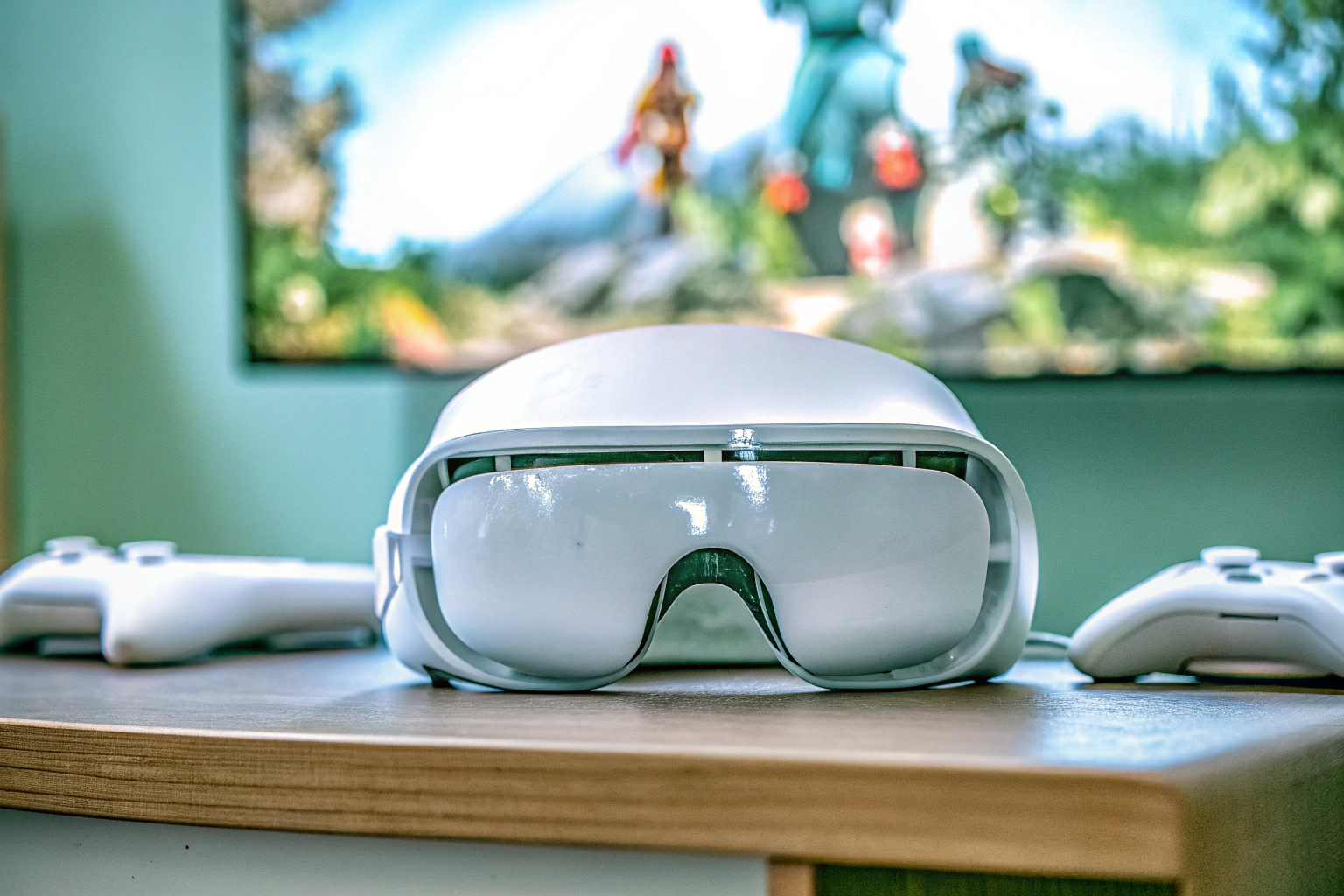 Eine moderne VR-Gaming-Brille, die einen Spieler in eine virtuelle Welt eintauchen lässt. VR-Gaming-Brille