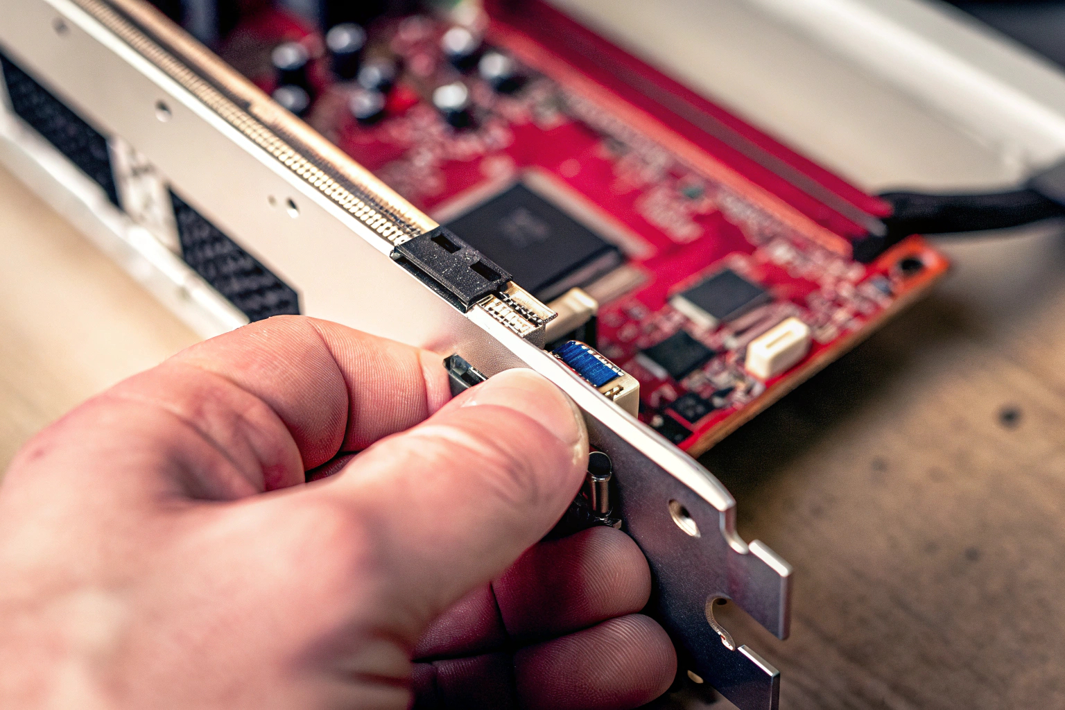 Eine Nahaufnahme einer Soundkarte, die in einen PC eingebaut wird. Einbau einer Soundkarte in einen PC