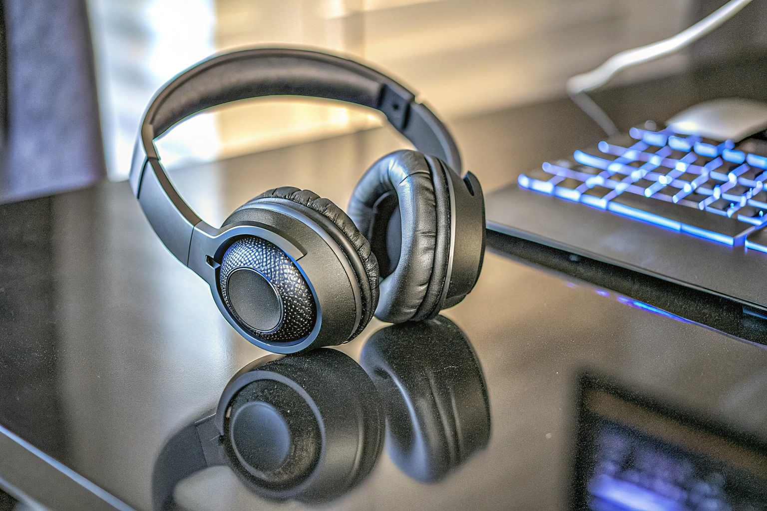 Eine Nahaufnahme eines modernen Gaming-Headsets mit Mikrofon. Gaming-Headset