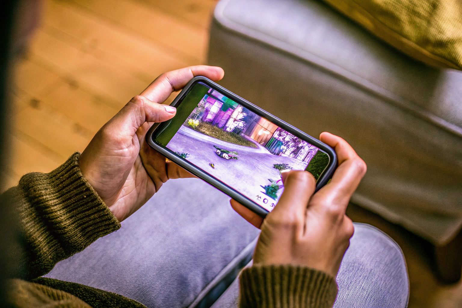 Eine Nahaufnahme von einem Gamer, der auf seinem Smartphone spielt, während er Finger Sleeves verwendet. Gamer mit mobilen Finger Sleeves