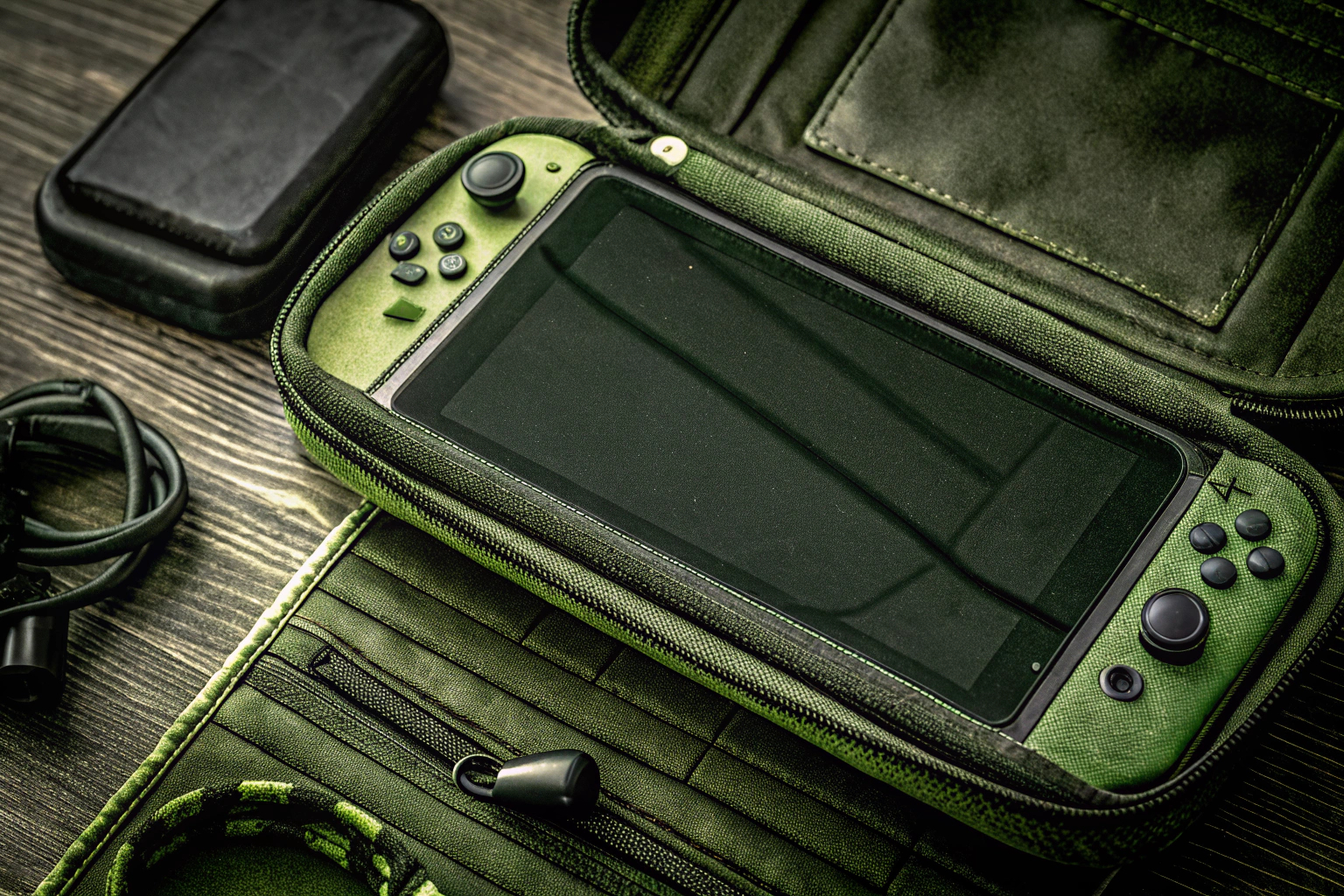 Eine Nintendo Switch in einer schützenden Tragetasche, umgeben von Zubehör Nintendo Switch in Tragetasche
