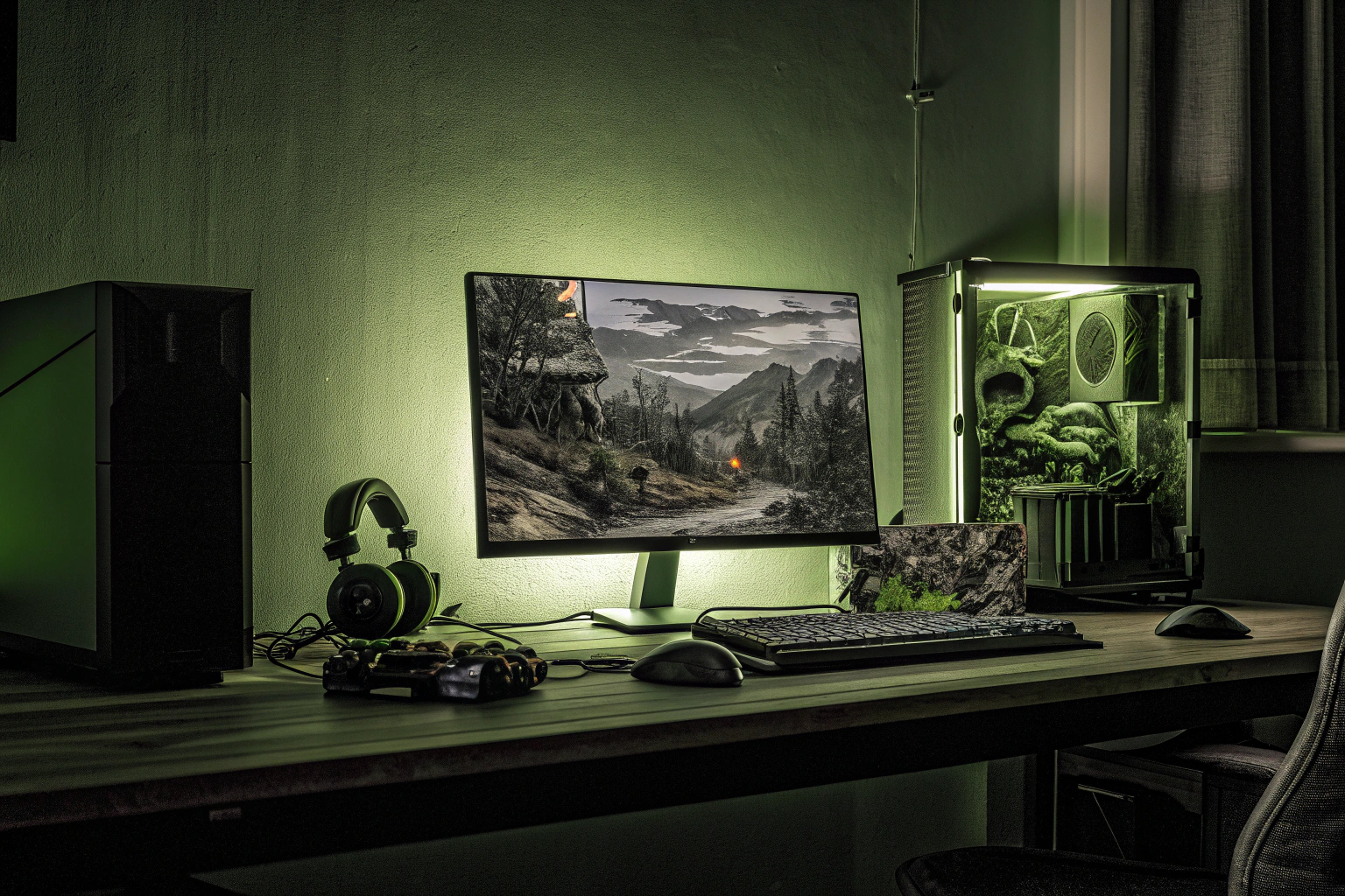 Eine Person, die an einem Desktop-PC arbeitet, umgeben von verschiedener Gaming-Hardware. Person arbeitet an einem Gaming-PC