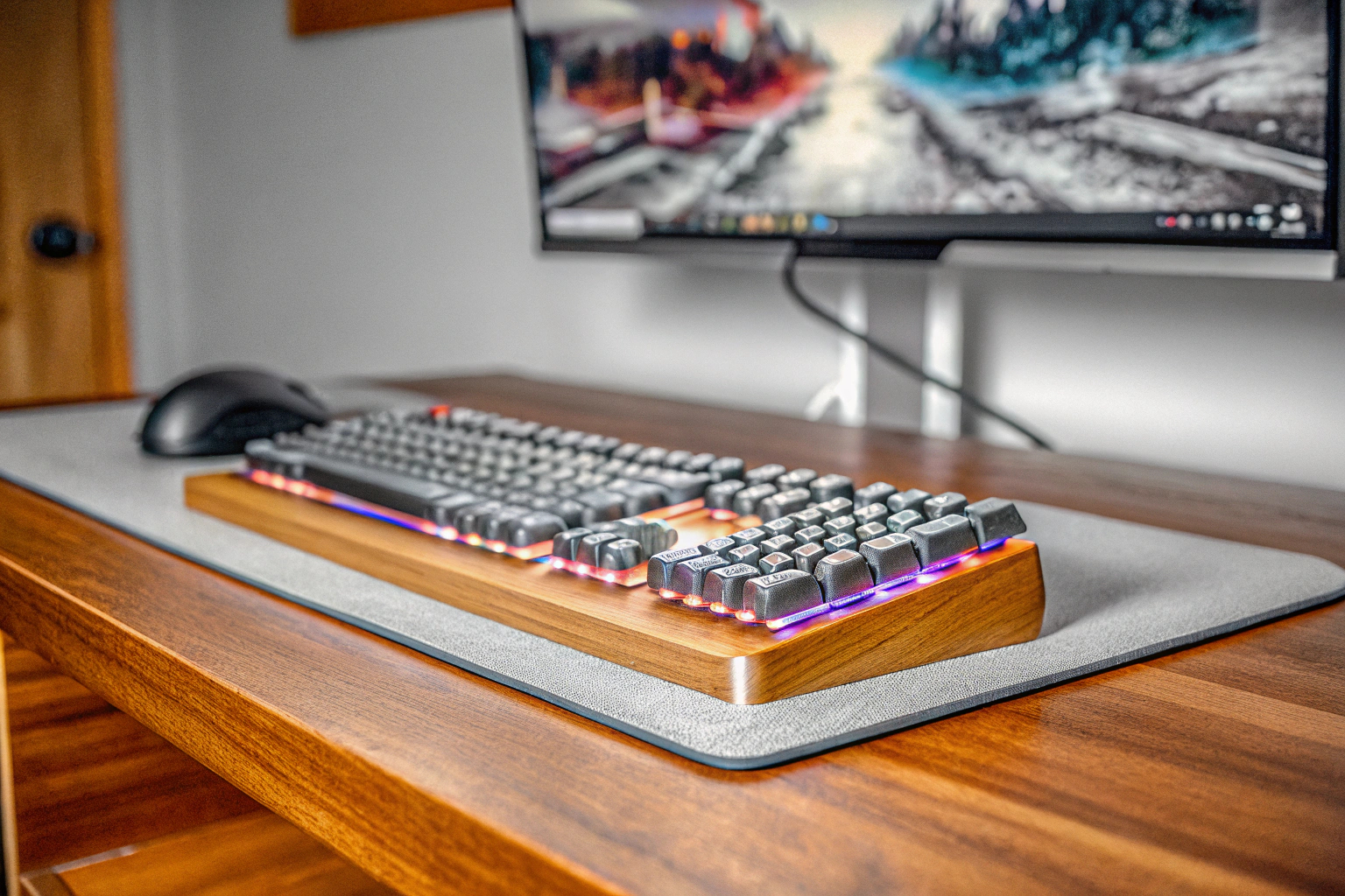 Eine Person, die an einem Schreibtisch sitzt und eine Gaming-Tastatur benutzt. Person mit Gaming-Tastatur