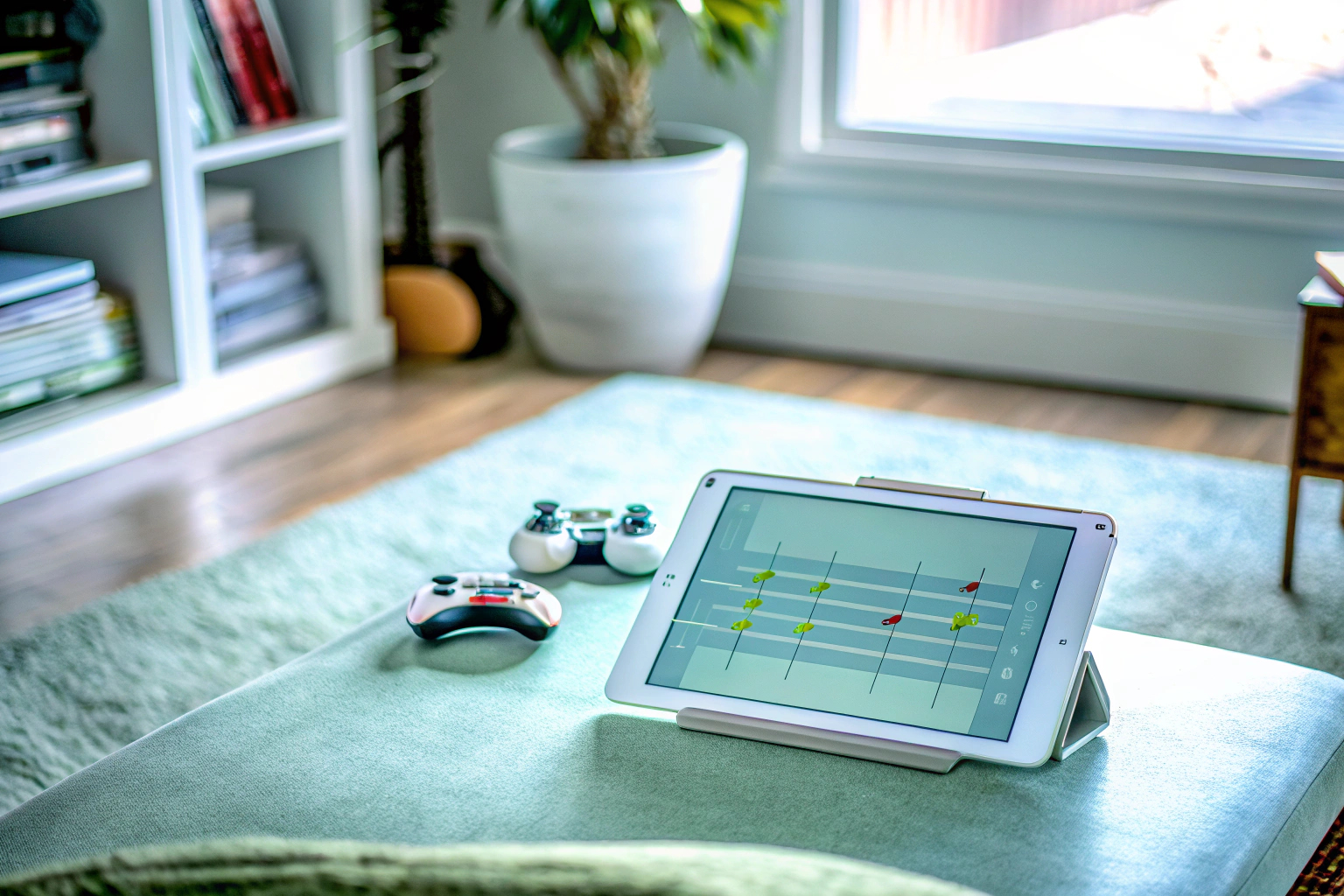 Eine Person, die auf einem Tablet ein Musikspiel spielt, während sie Kopfhörer trägt und sich im Rhythmus bewegt. Musikspiel auf Tablet