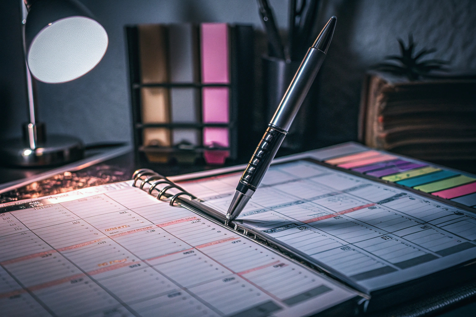 Eine Person, die einen Tagesplaner ausfüllt und dabei mit einem Stift in der Hand Notizen macht. Person füllt Tagesplaner aus