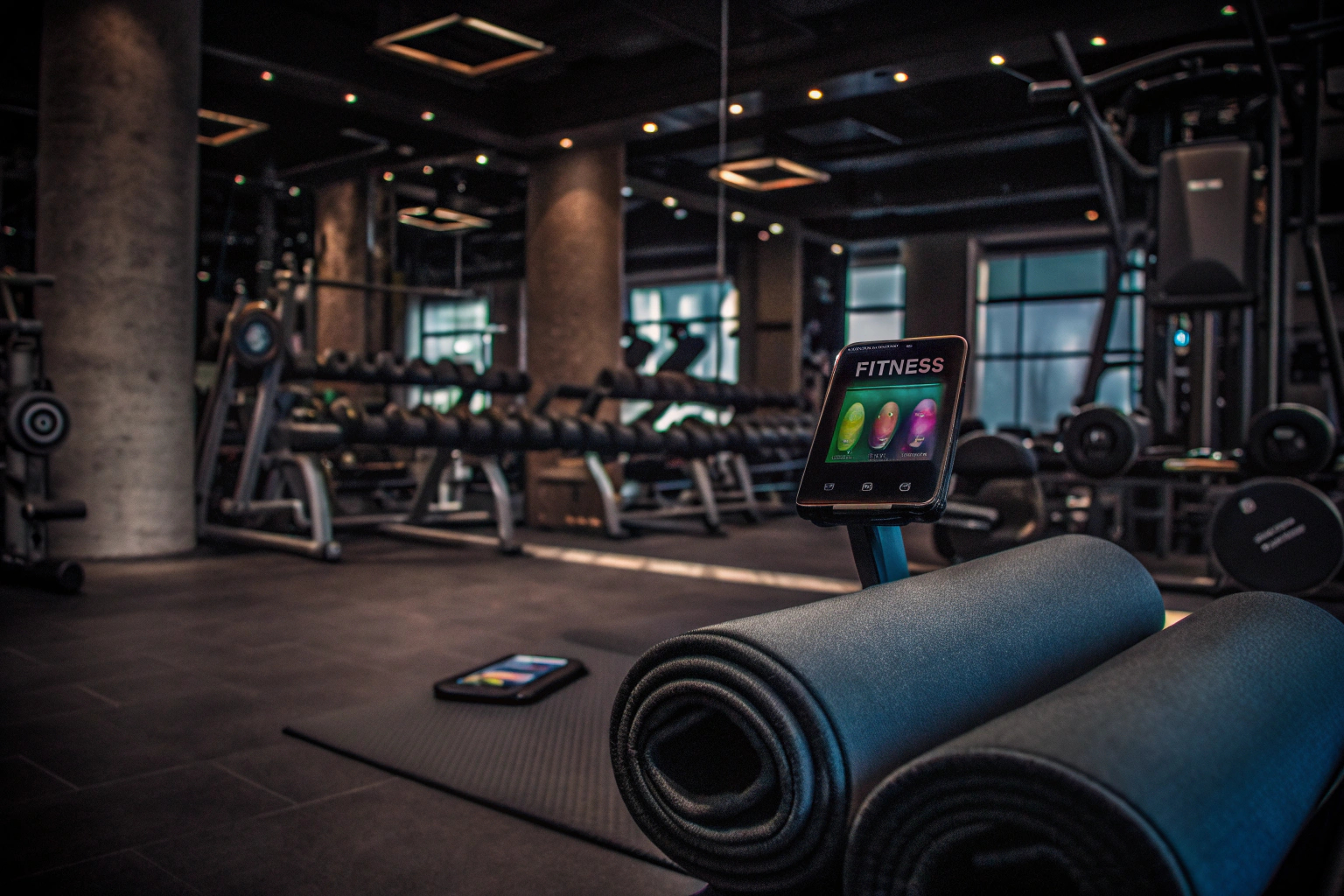 Eine Person, die im Fitnessstudio trainiert und dabei eine Fitness-App mit Gamification-Elementen verwendet. Fitness mit Gamification