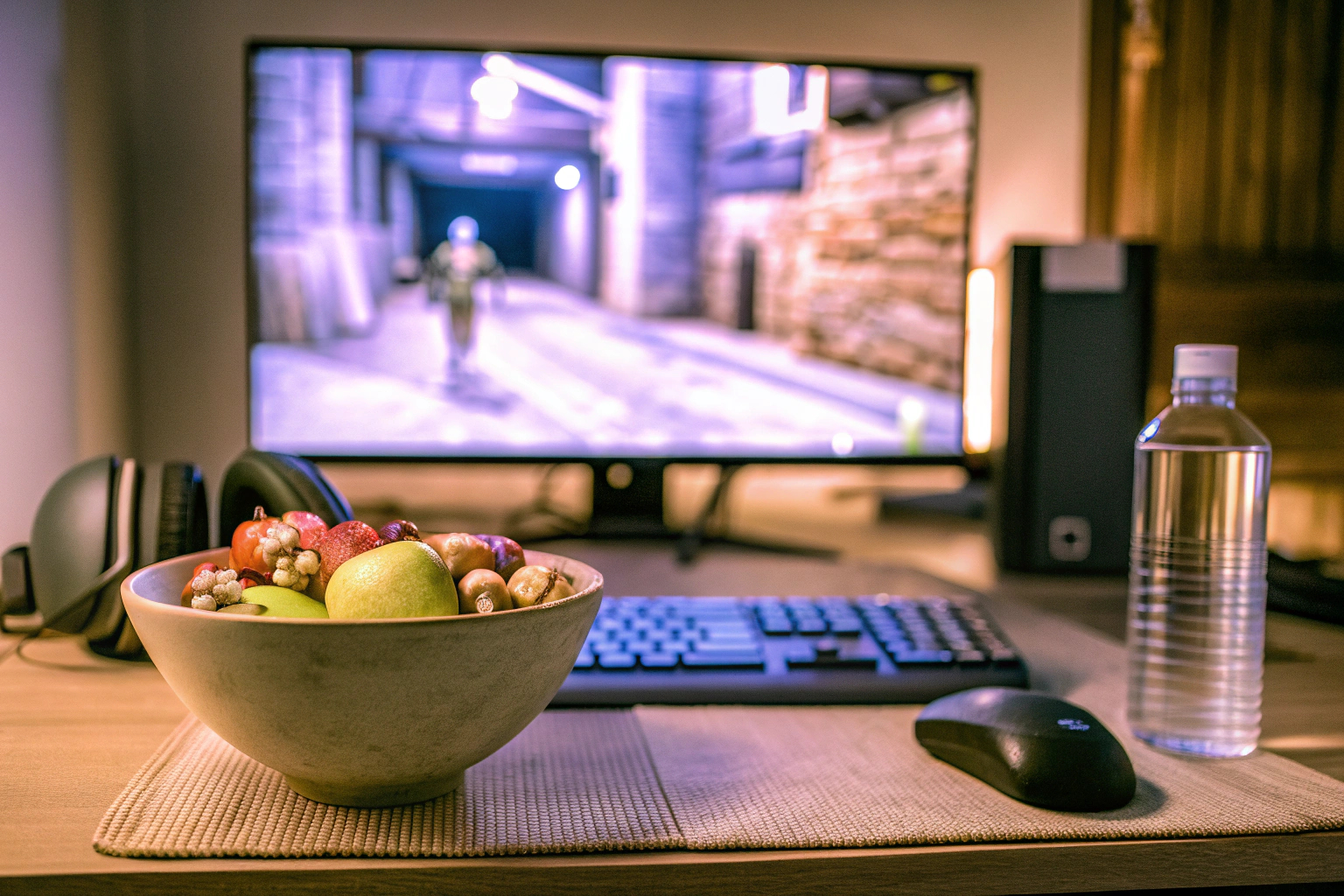 Eine Person sitzt vor dem Computer und genießt einen gesunden Snack während des Spielens. Gamer genießt gesunden Snack während des Spielens