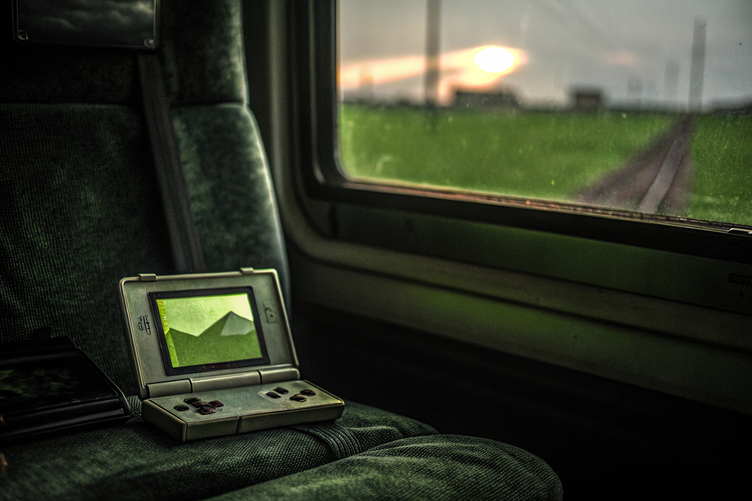 Eine Person spielt ein Retro-Spiel auf einer tragbaren Konsole während einer Zugfahrt. Retro-Spiel auf tragbarer Konsole