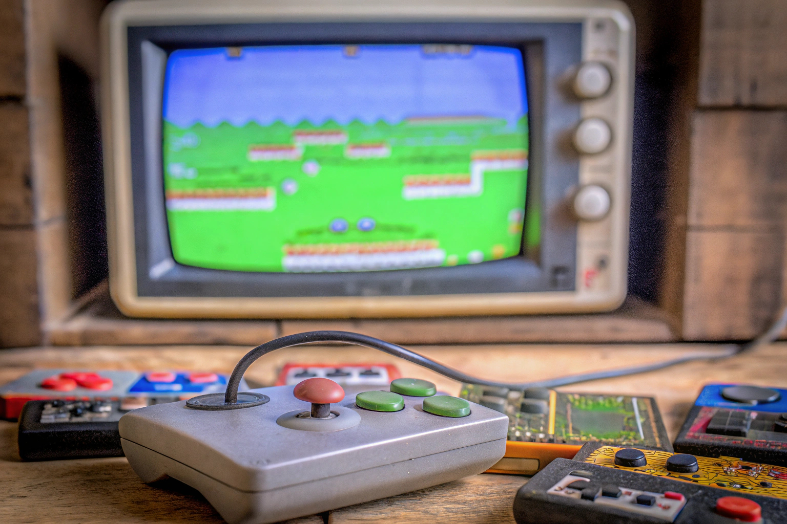 Eine Retro-Konsole mit einem klassischen Spiel auf dem Bildschirm, umgeben von alten Spielkassetten. Retro-Konsole mit klassischem Spiel