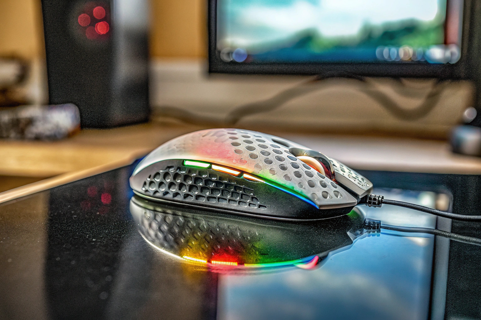 Eine RGB-beleuchtete Gaming-Maus auf einem Schreibtisch mit einem Computer im Hintergrund. RGB-beleuchtete Gaming-Maus