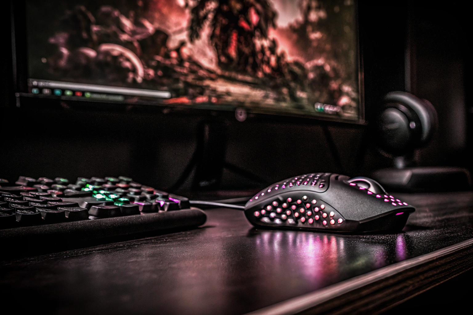 Eine RGB-Gaming-Maus in Aktion, die auf einem Gaming-Schreibtisch genutzt wird. RGB-Gaming-Maus