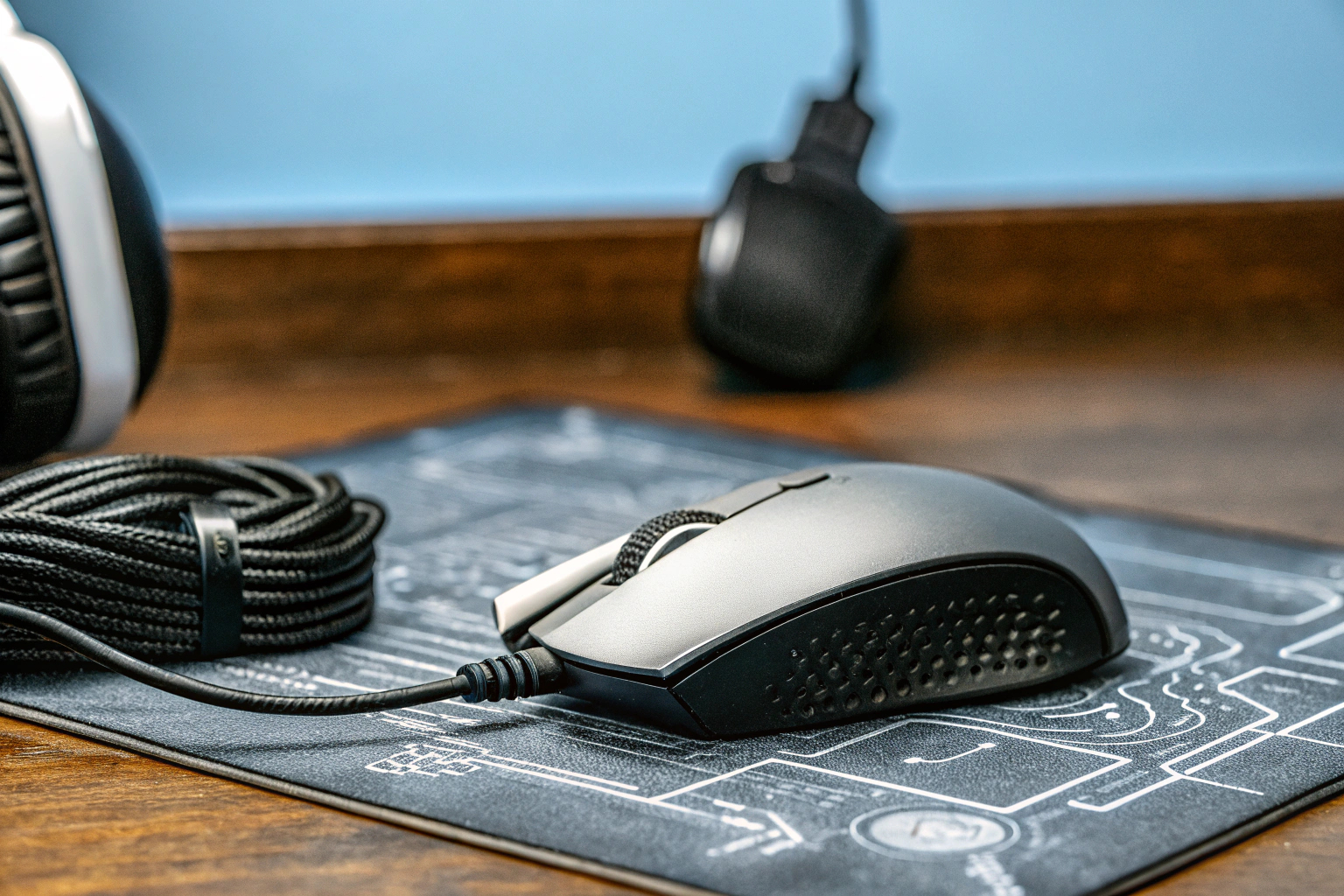 Eine Sammlung von Gaming-Zubehör, darunter Maus, Mauspad, Headset und Powerline-Adapter, die zusammen ein optimales Setup für Gamer bilden. Gaming-Zubehör