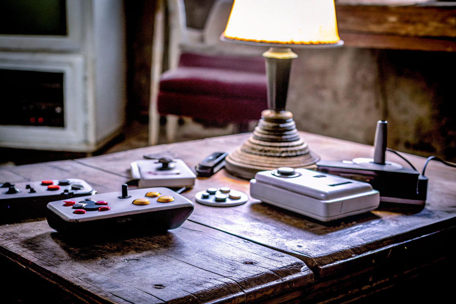 Eine Sammlung von Retro-Spielekonsolen und Controllern auf einem Tisch. Sammlung von Retro-Spielekonsolen