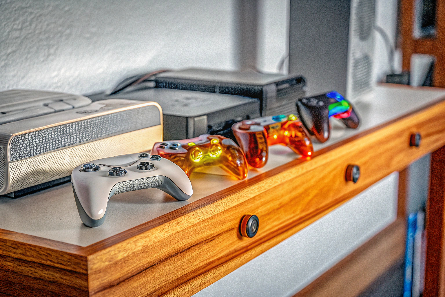 Eine Sammlung von verschiedenen Spielekonsolen, die sowohl Retro- als auch moderne Spiele bieten. Verschiedene Spielekonsolen