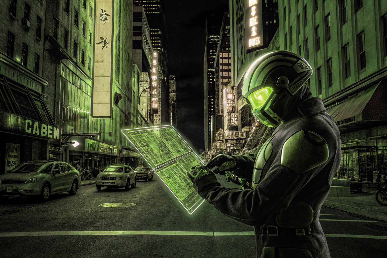 Eine spannende Konzeptzeichnung eines futuristischen Cyber-Detektivs. Konzeptzeichnung eines Cyber-Detektivs