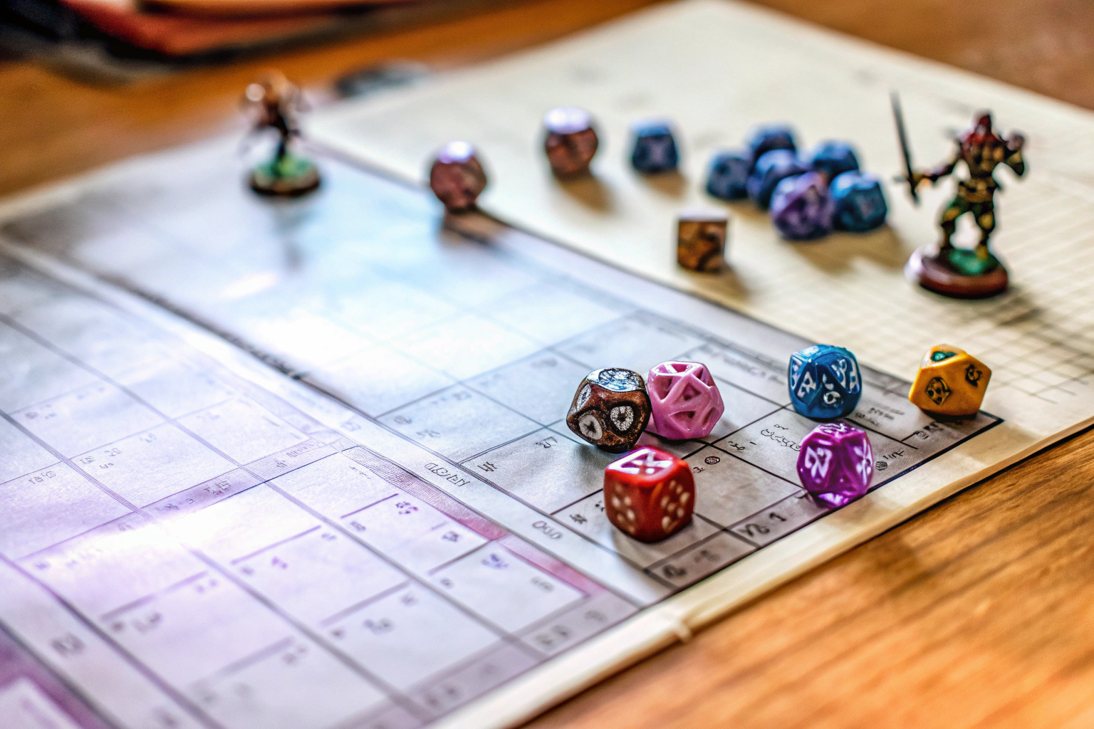 Eine spannende Rollenspiel-Sitzung mit mehreren Spielern an einem Tisch, umgeben von Würfeln und Charakterbögen. Gruppe von Rollenspielern bei einer Spielsitzung