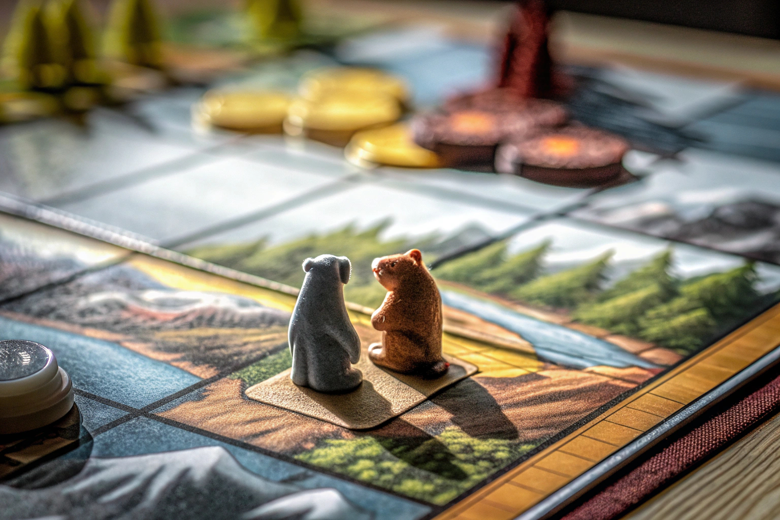 Eine Spielszene aus Cascadia, die zeigt, wie Landschaften und Tiere kombiniert werden. Cascadia Spielszene