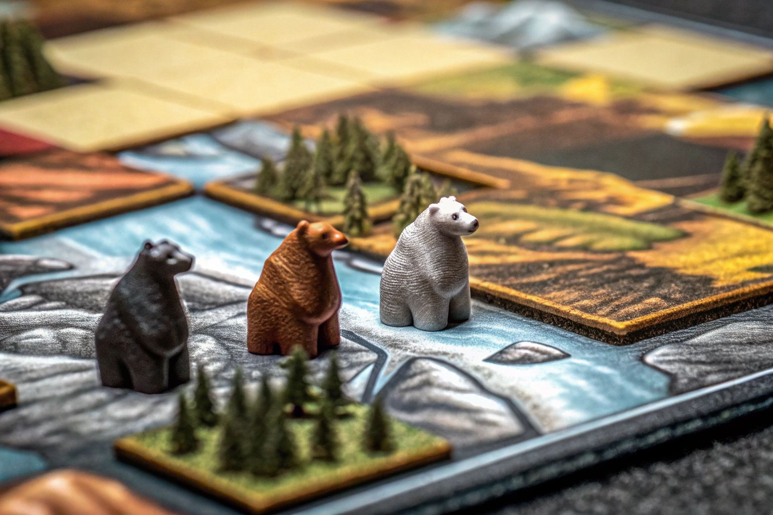 Eine Spielszene aus Cascadia mit einer gestalteten Landschaft und Tierfiguren, die die Vielfalt des Spiels zeigen. Spielszene aus Cascadia mit gestalteter Landschaft
