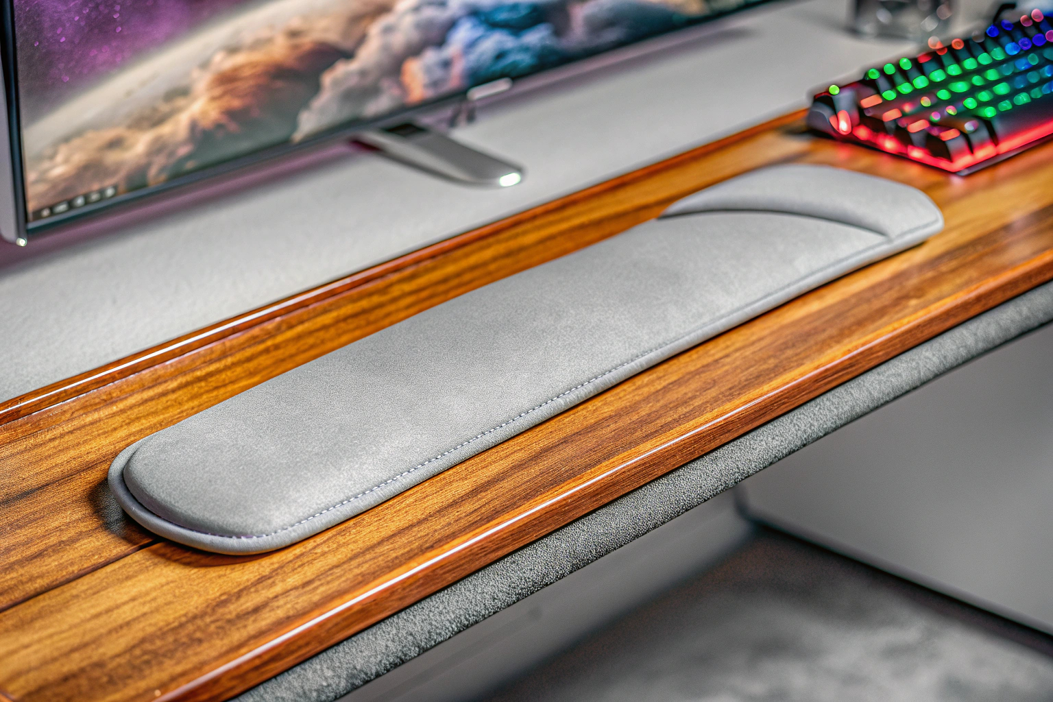 Eine stilvolle Handgelenkauflage auf einem Gaming-Schreibtisch. Ergonomische Handgelenkauflage für Gaming