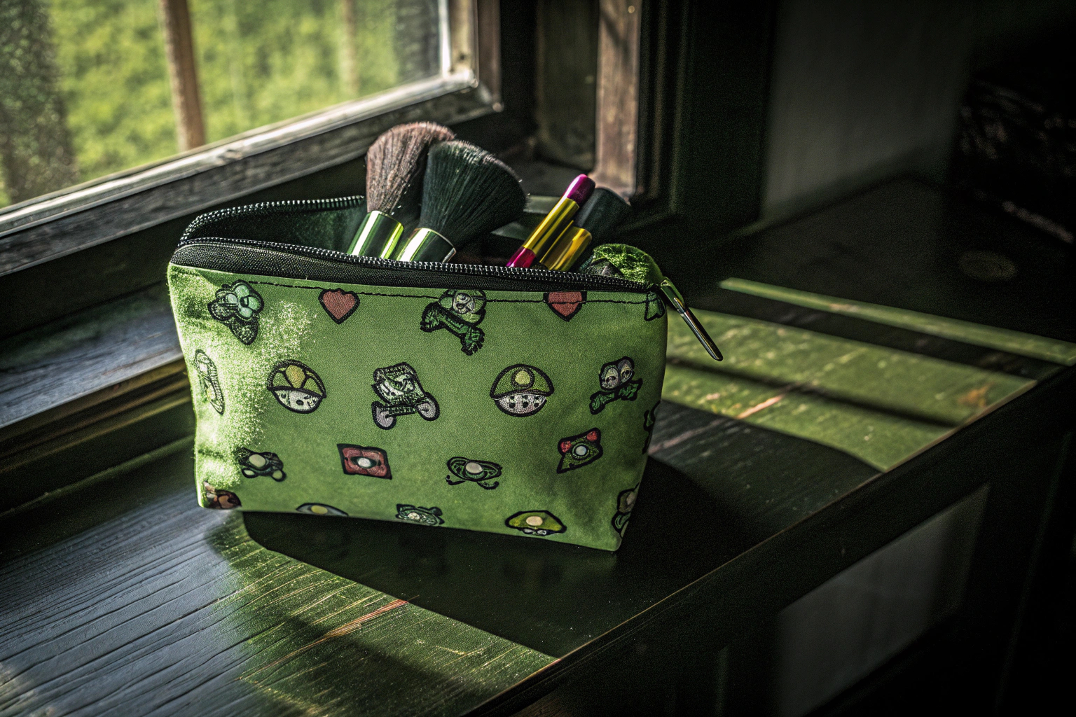 Eine stilvolle Kosmetiktasche mit Gaming-Motiv liegt auf einem Tisch. Gaming-Kosmetiktasche