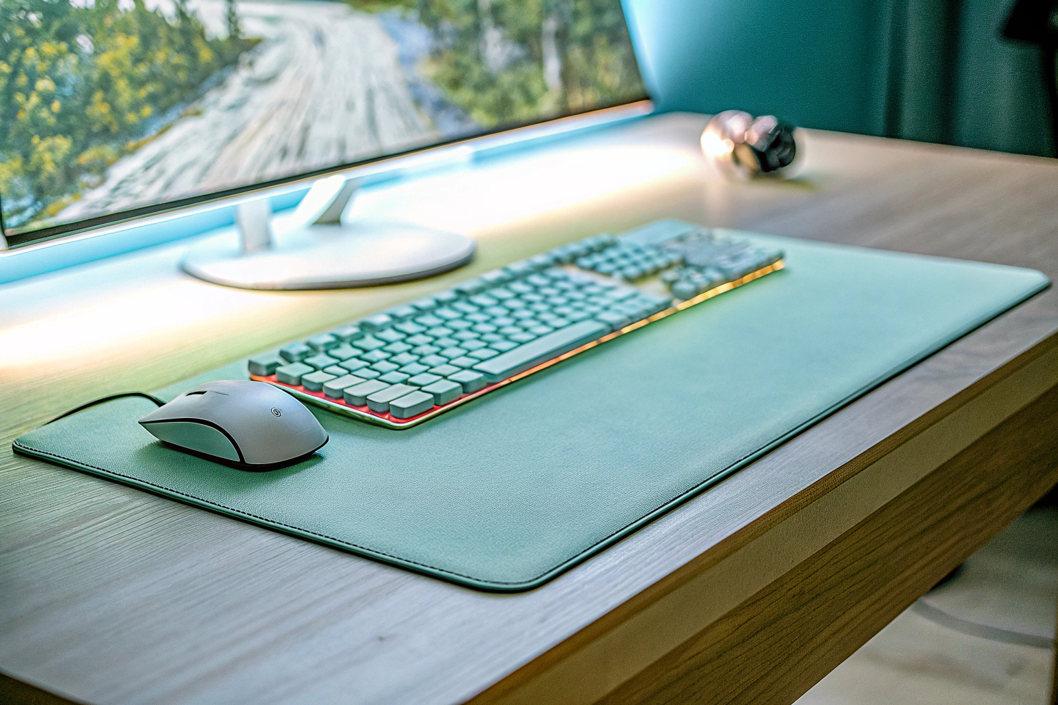 Eine stilvolle Schreibtischunterlage mit Maus und Tastatur auf einem modernen Schreibtisch. Schreibtischunterlage mit Maus und Tastatur