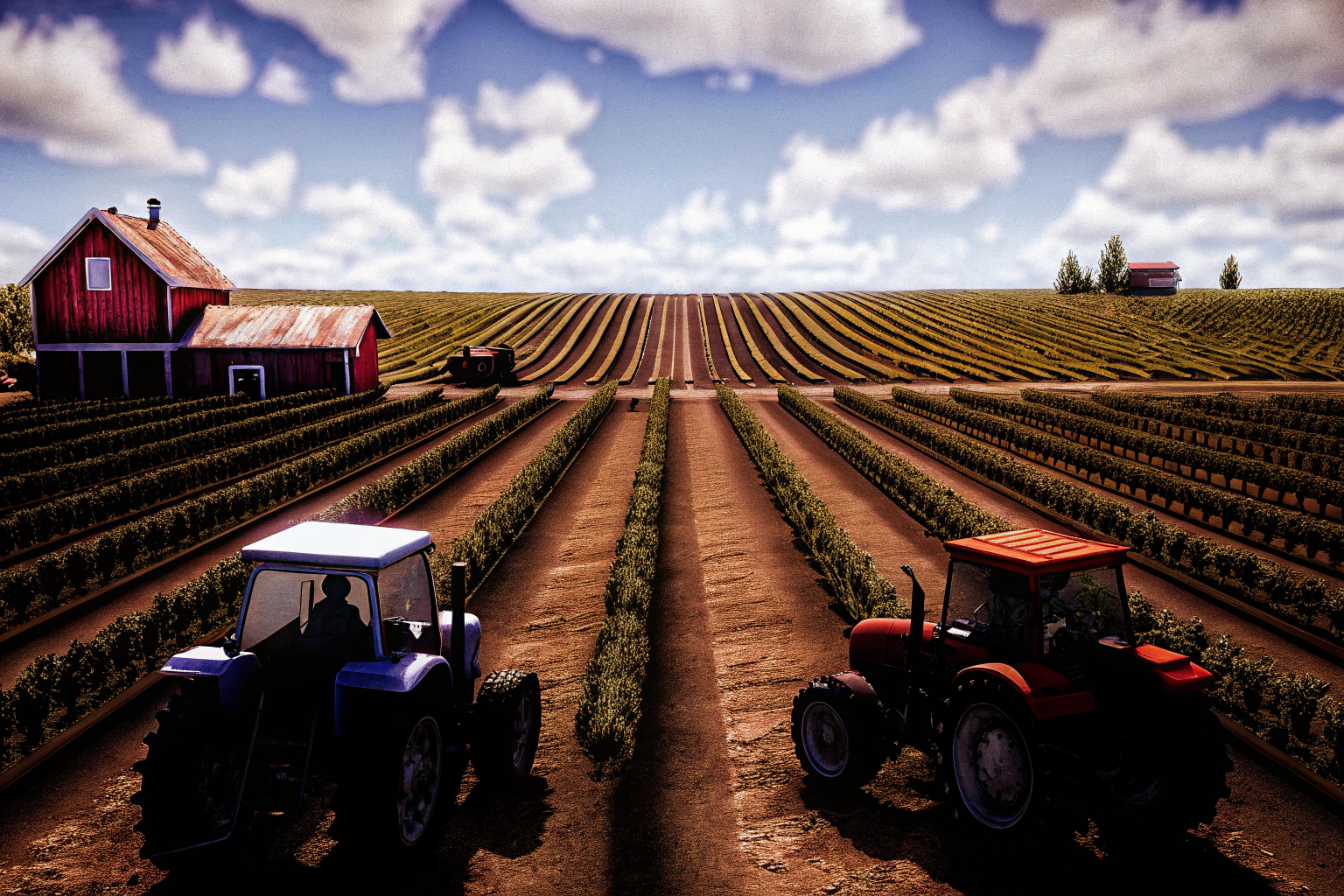 Eine Szene aus dem Landwirtschafts-Simulator 25 mit Traktoren und Feldern. Landwirtschafts-Simulator 25 Traktoren und Felder