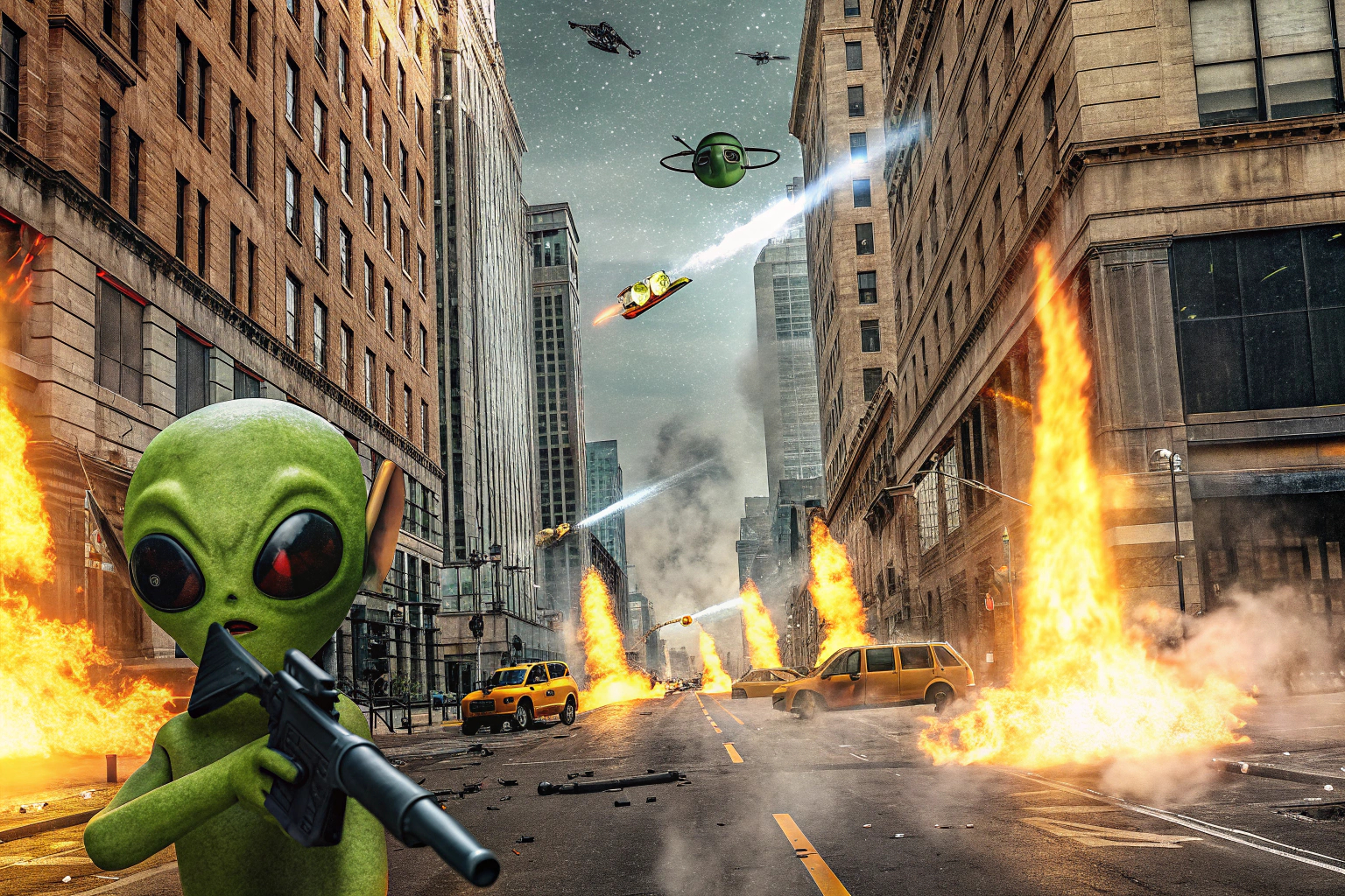 Eine Szene aus 'Destroy All Humans! 2 - Reprobed', in der das Alien-Charakter Chaos in einer Stadt anrichtet. Destroy All Humans! 2 - Reprobed Spielszene