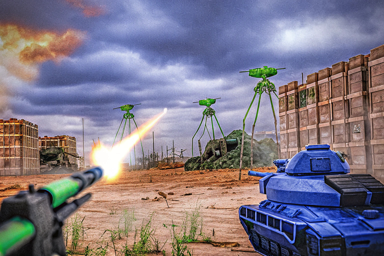 Eine Szene aus einem Alien-Invasion-FPS-Spiel, in dem Spieler gegen außerirdische Kreaturen kämpfen. Alien-Kampf in einem FPS-Spiel