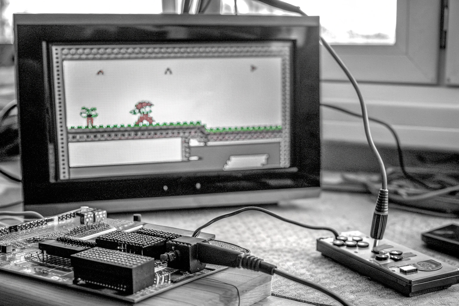 Eine Szene aus einem Retro-Videospiel, das auf einem modernen Bildschirm gespielt wird. Retro-Spiel auf modernem Bildschirm