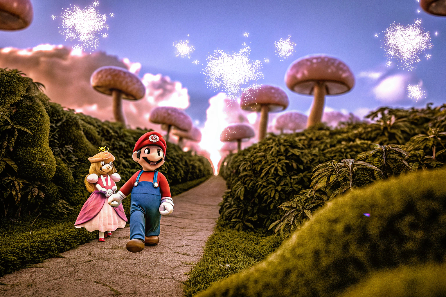 Eine Szene aus Super Mario RPG, die die farbenfrohe Welt und die Charaktere zeigt. Super Mario RPG Szene