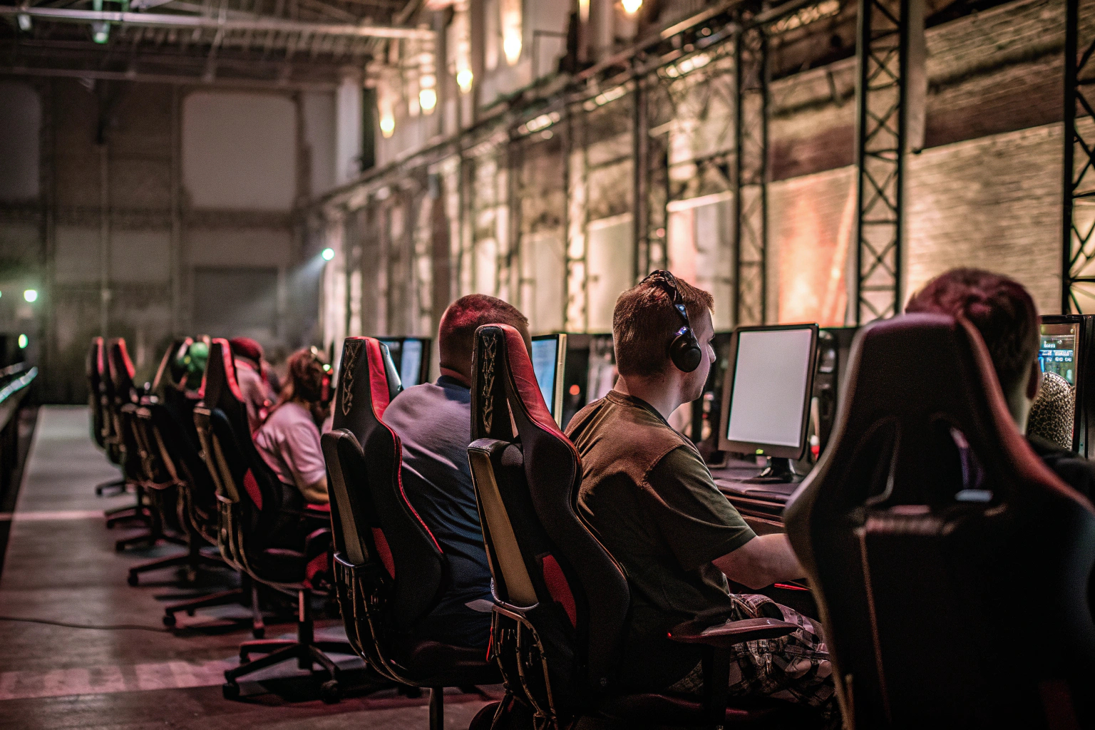 Eine Szene von einem E-Sport-Turnier mit fokussierten Spielern, die an ihren Computern sitzen. E-Sport-Turnier Szene