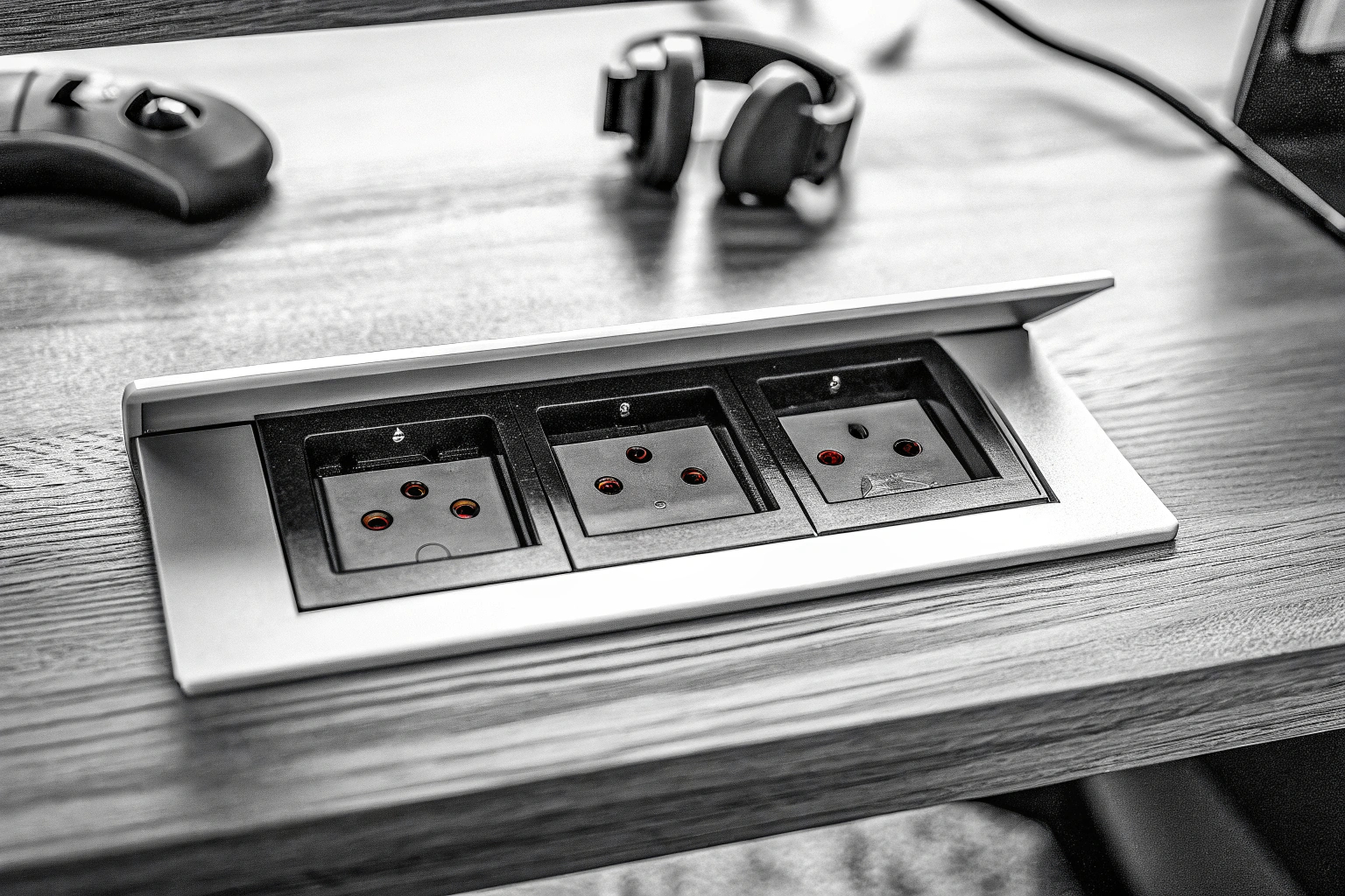Eine Tischsteckdose mit mehreren USB-Anschlüssen und Schuko-Steckdosen, befestigt an einem Schreibtisch. Tischsteckdose mit USB-Anschlüssen