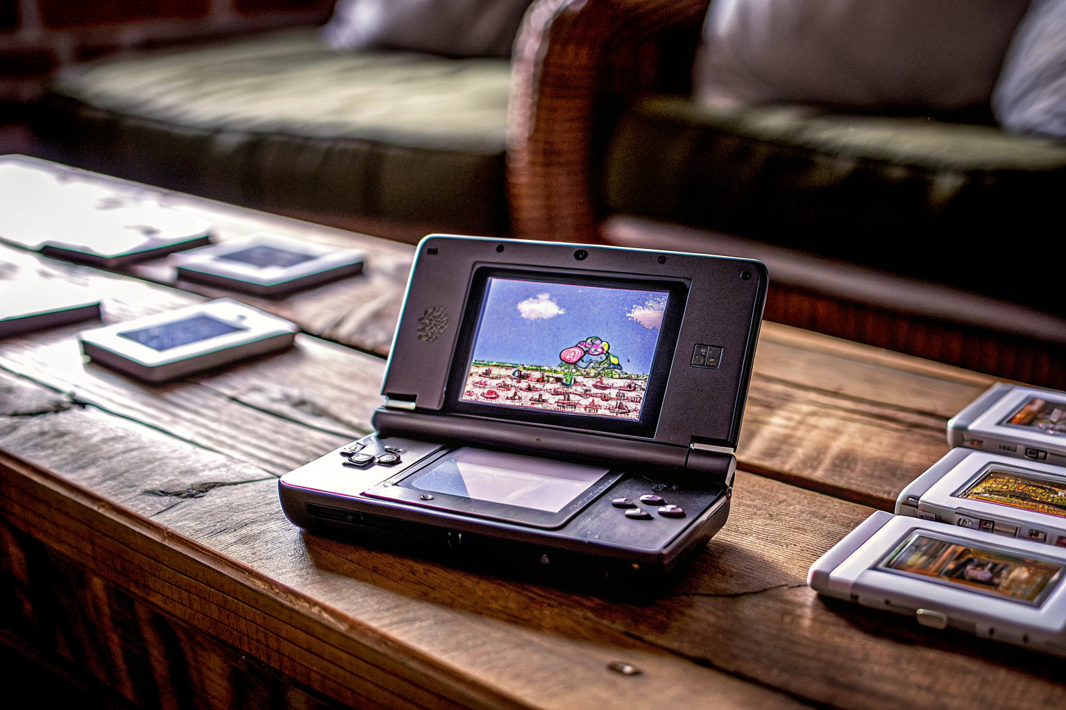 Eine tragbare Retro-Spielekonsole mit einem großen Bildschirm, ideal für unterwegs. Tragbare Retro-Spielekonsole mit großem Bildschirm