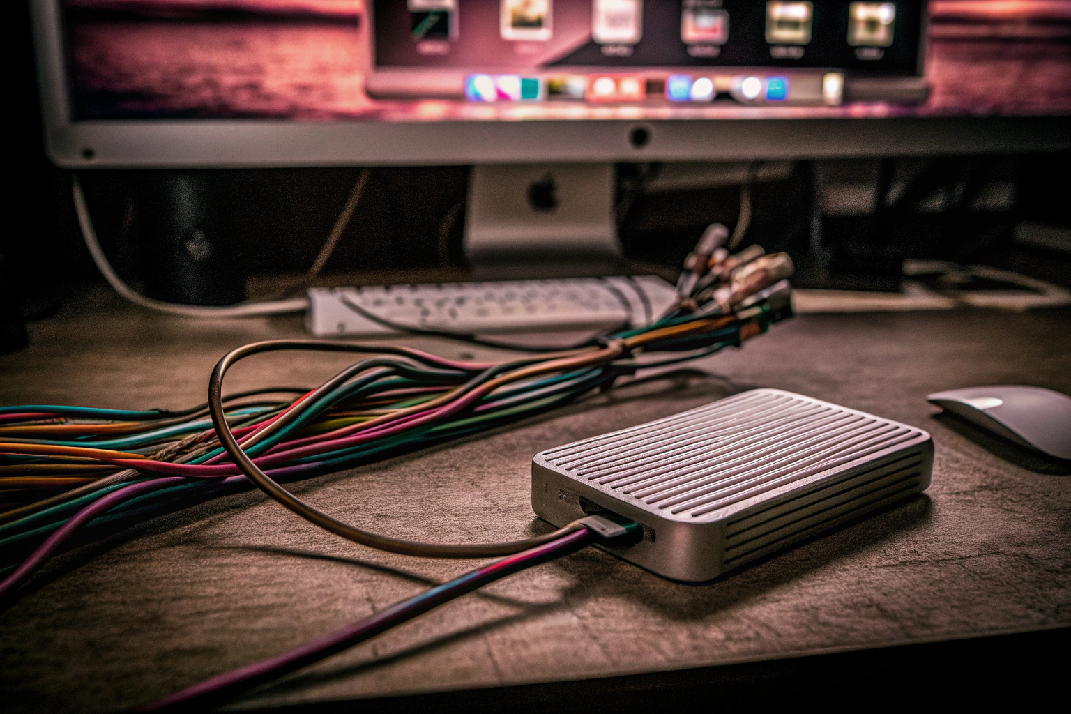Eine Videoaufnahmekarte, die an einen Computer angeschlossen ist. Videoaufnahmekarte