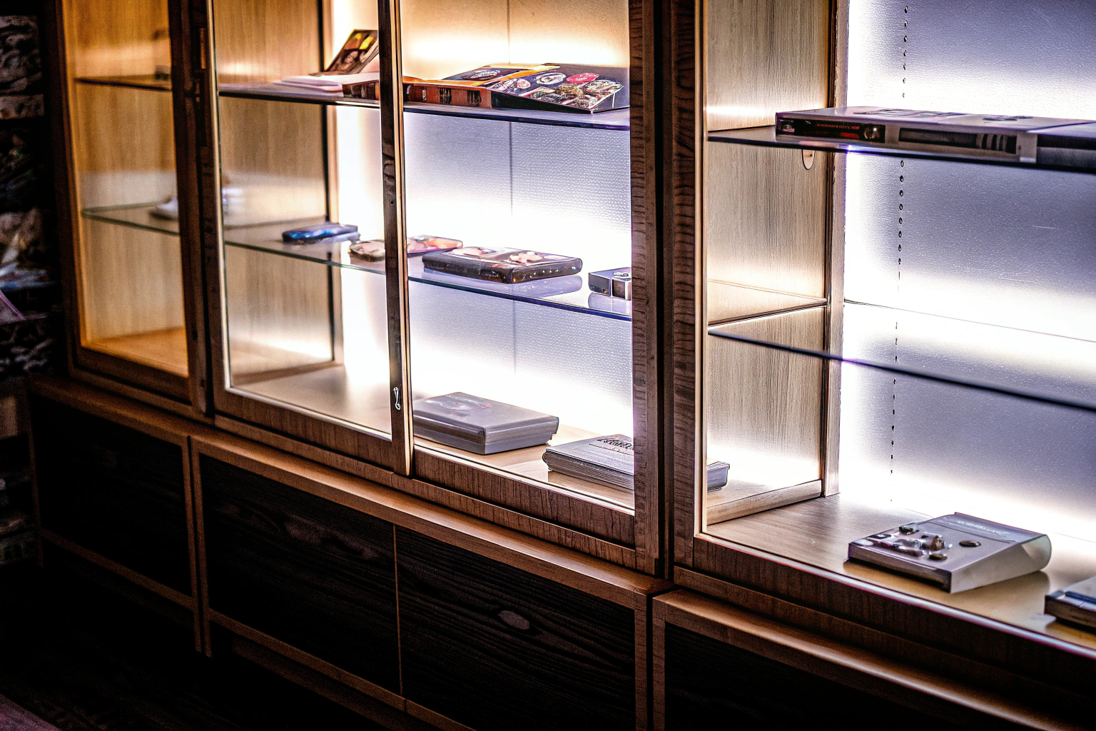 Eine Vitrine mit LED-Beleuchtung, in der Spiele und Sammlerstücke stilvoll präsentiert werden. Spielevitrine mit LED-Beleuchtung
