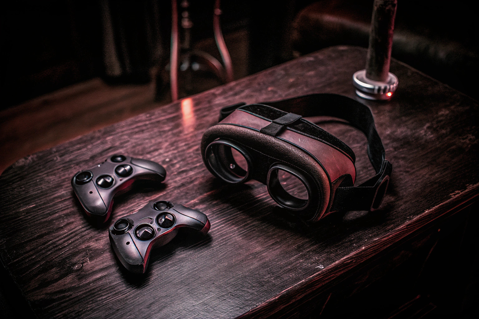 Eine VR-Brille und Controller auf einem Tisch, bereit für das nächste Spiel. VR-Brille und Controller