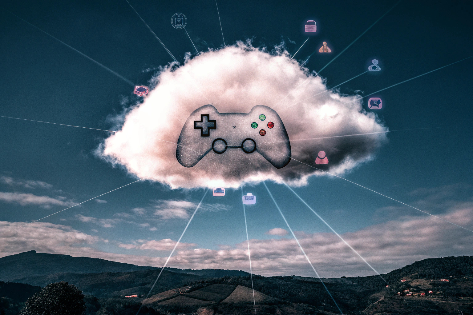 Eine Wolke mit einem Controller-Symbol darin, die die Verbindung zwischen Cloud und Gaming symbolisiert. Symbol für Cloud Gaming
