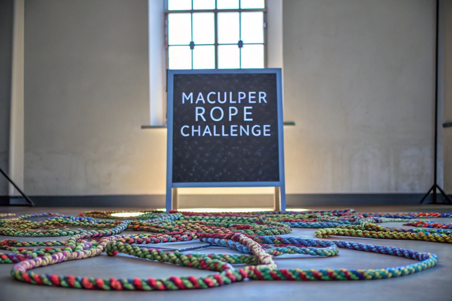 Familie, die gemeinsam das MACULPER Rope Challenge-Spiel spielt, umgeben von bunten Seilen und dem Spielbrett. Familie beim Spielen