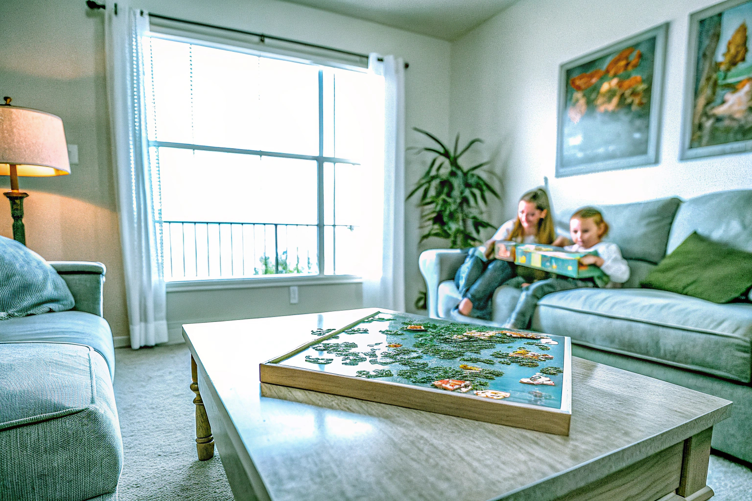 Familie löst gemeinsam Rätsel aus dem EXIT-Spiel Family in einem Wohnzimmer. EXIT Spiel Family Rätsellösung