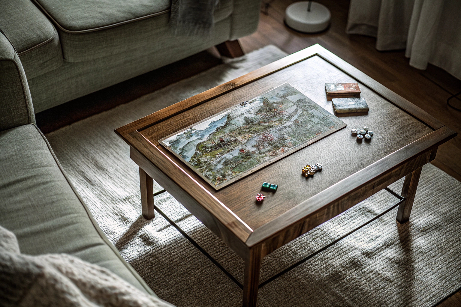 Familie spielt ein Adventure-Spiel am Tisch und diskutiert über die nächsten Schritte. Familienabenteuer-Spiel