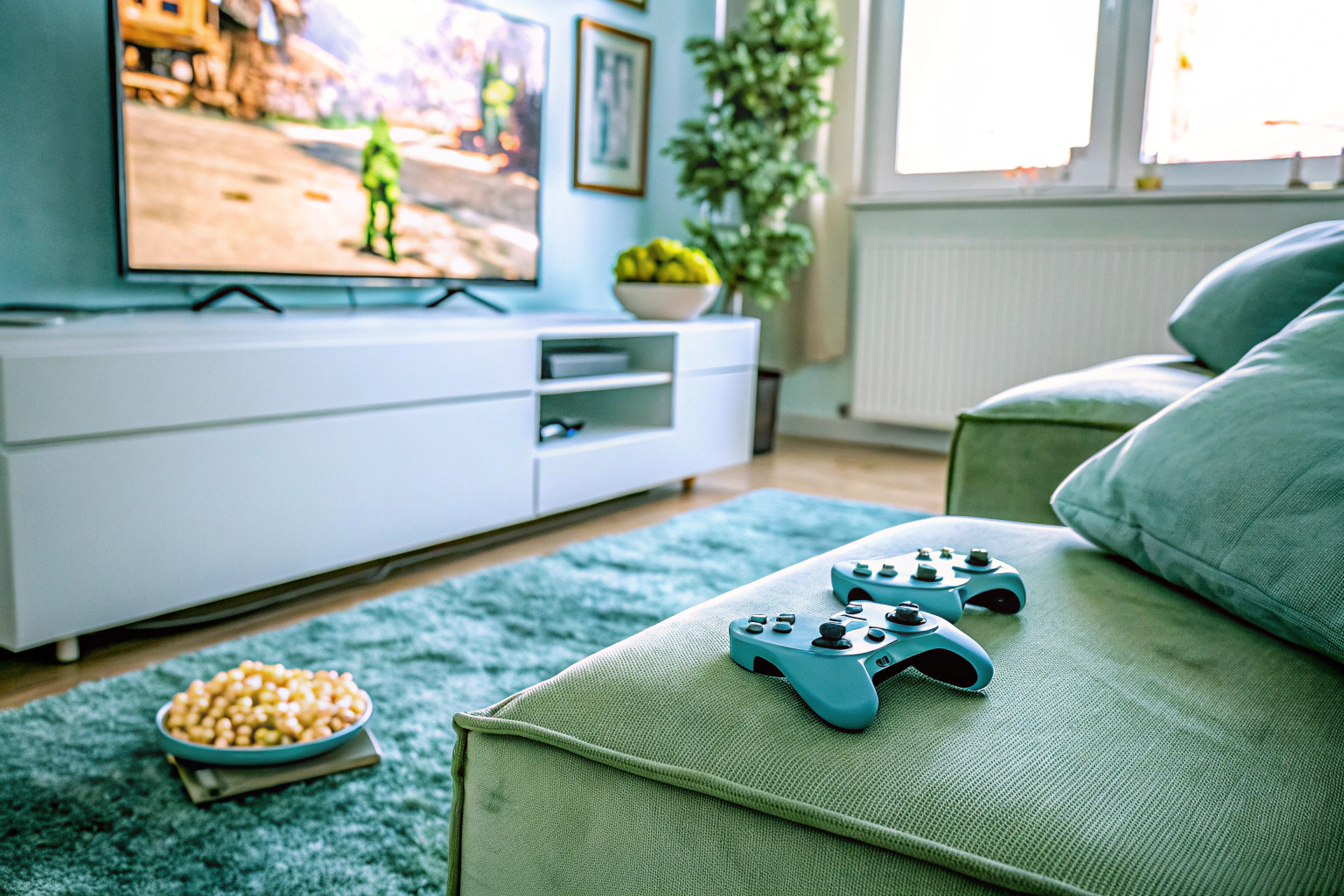 Familie spielt gemeinsam an einer Spielekonsole im Wohnzimmer und hat Spaß. Familie spielt an einer Konsole