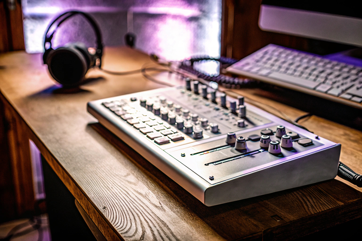 FIFINE Gaming Audio Mixer in einem Streaming-Setup mit RGB-Beleuchtung. FIFINE Gaming Audio Mixer