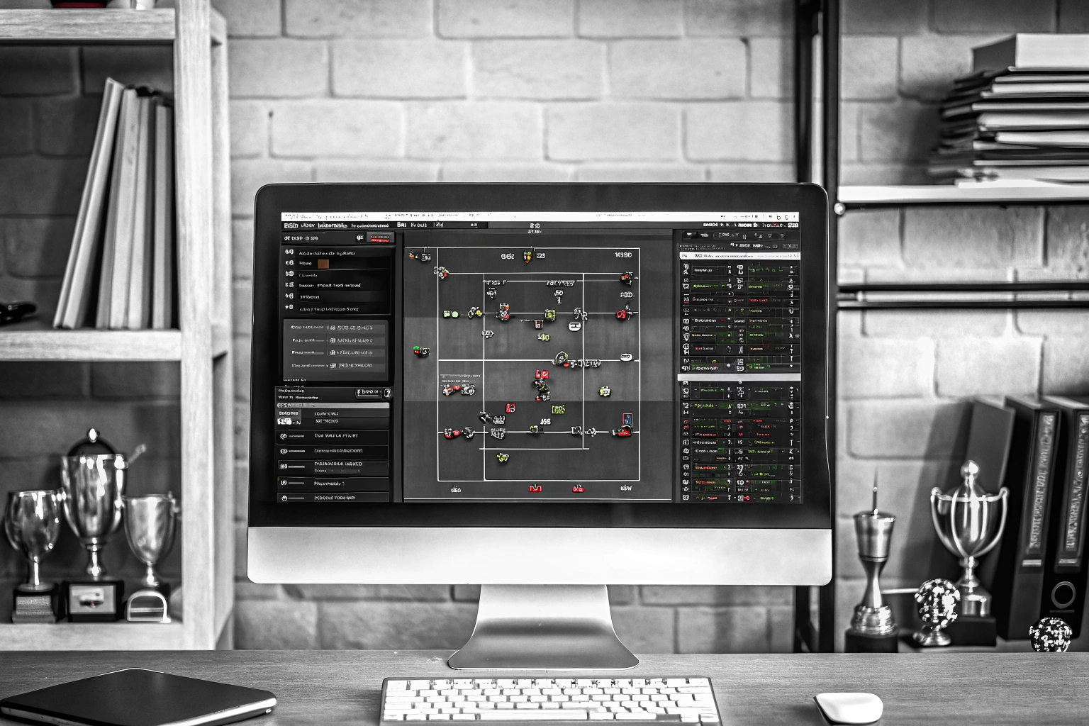 Fußball Manager Interface mit taktischen Einstellungen. Fußball Manager Spiel
