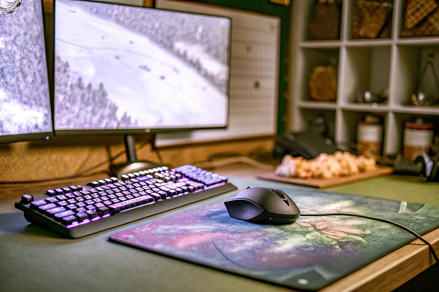Gamer an einem Schreibtisch in intensiver Konzentration, mit Ausrüstung um ihn herum. Gamer bei der Turniervorbereitung