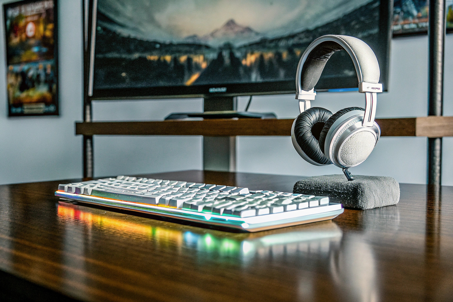 Gamer-Setup mit mechanischer Tastatur und Gaming-Headset. Gaming-Setup mit Tastatur und Headset