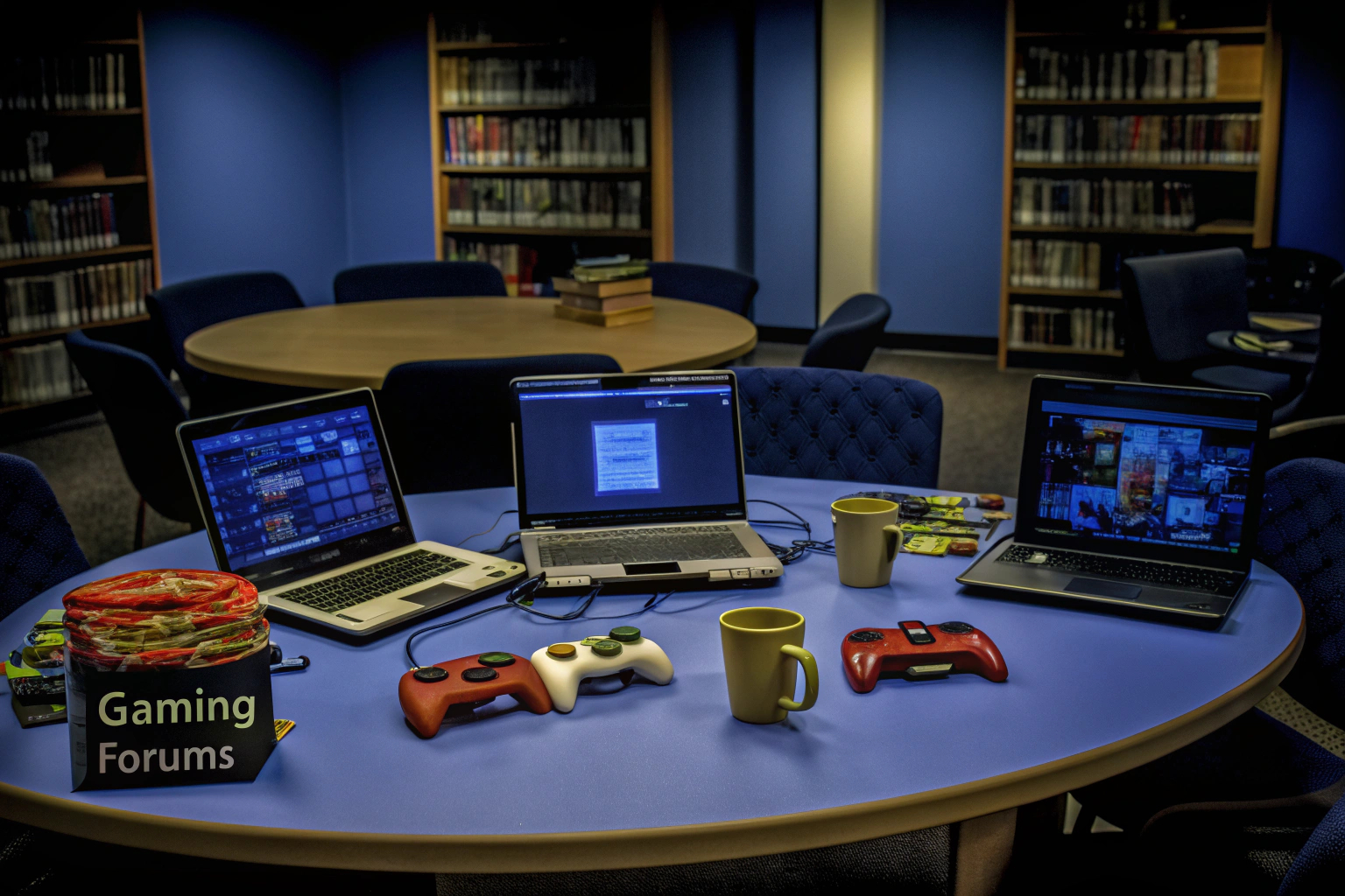 Gamern, die an einem großen Tisch sitzen und sich über Foren austauschen. Gaming-Forum Austausch