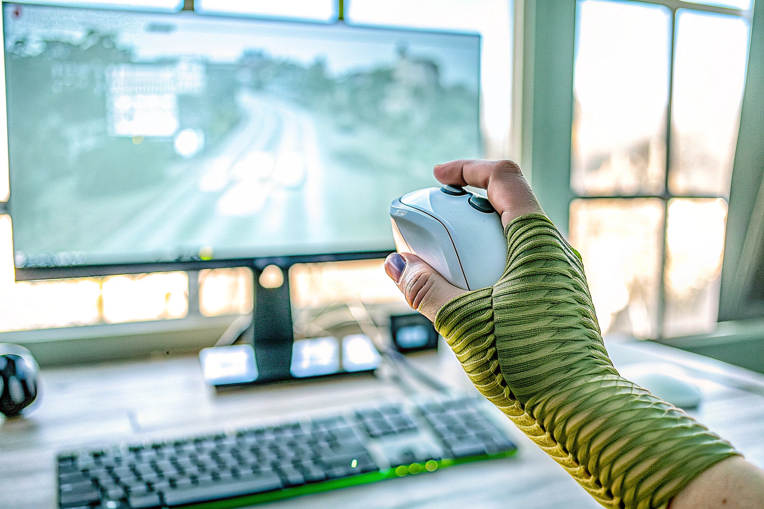 Gaming-Arm-Sleeve im Einsatz, ideal für Gamer, die auf Ergonomie und Komfort achten. Gaming-Arm-Sleeve