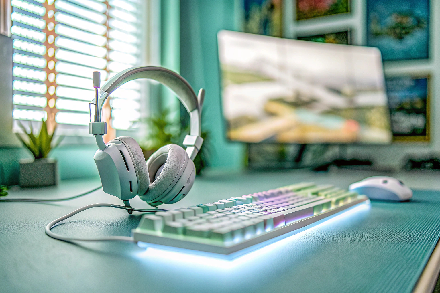 Gaming-Ausrüstung auf einem Schreibtisch, einschließlich Maus, Tastatur und Headset. Gaming-Ausrüstung