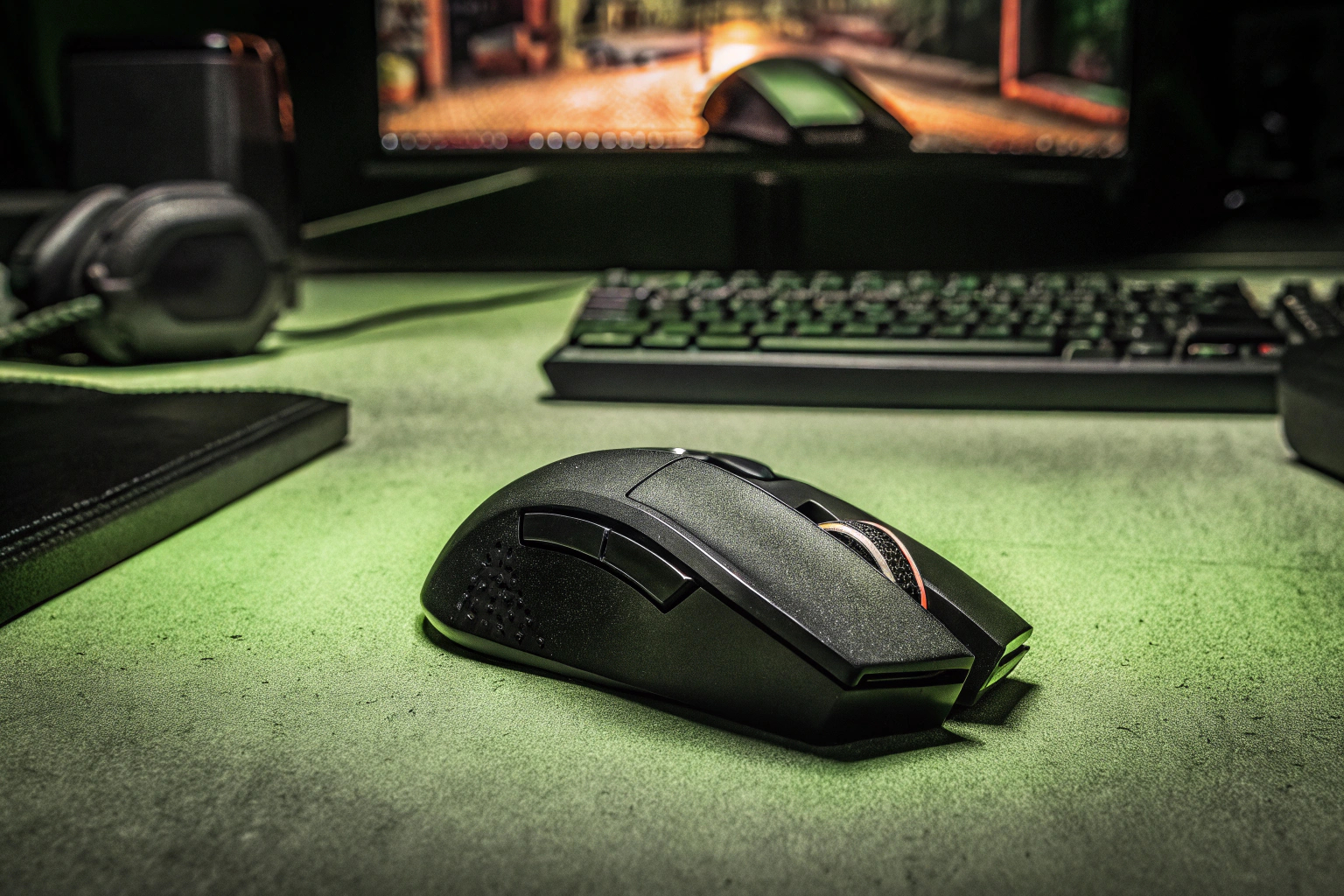 Gaming-Enthusiast, der mit einer kabellosen Gaming-Maus spielt, um die Bewegungsfreiheit zu veranschaulichen. Kabellose Gaming-Maus in Aktion
