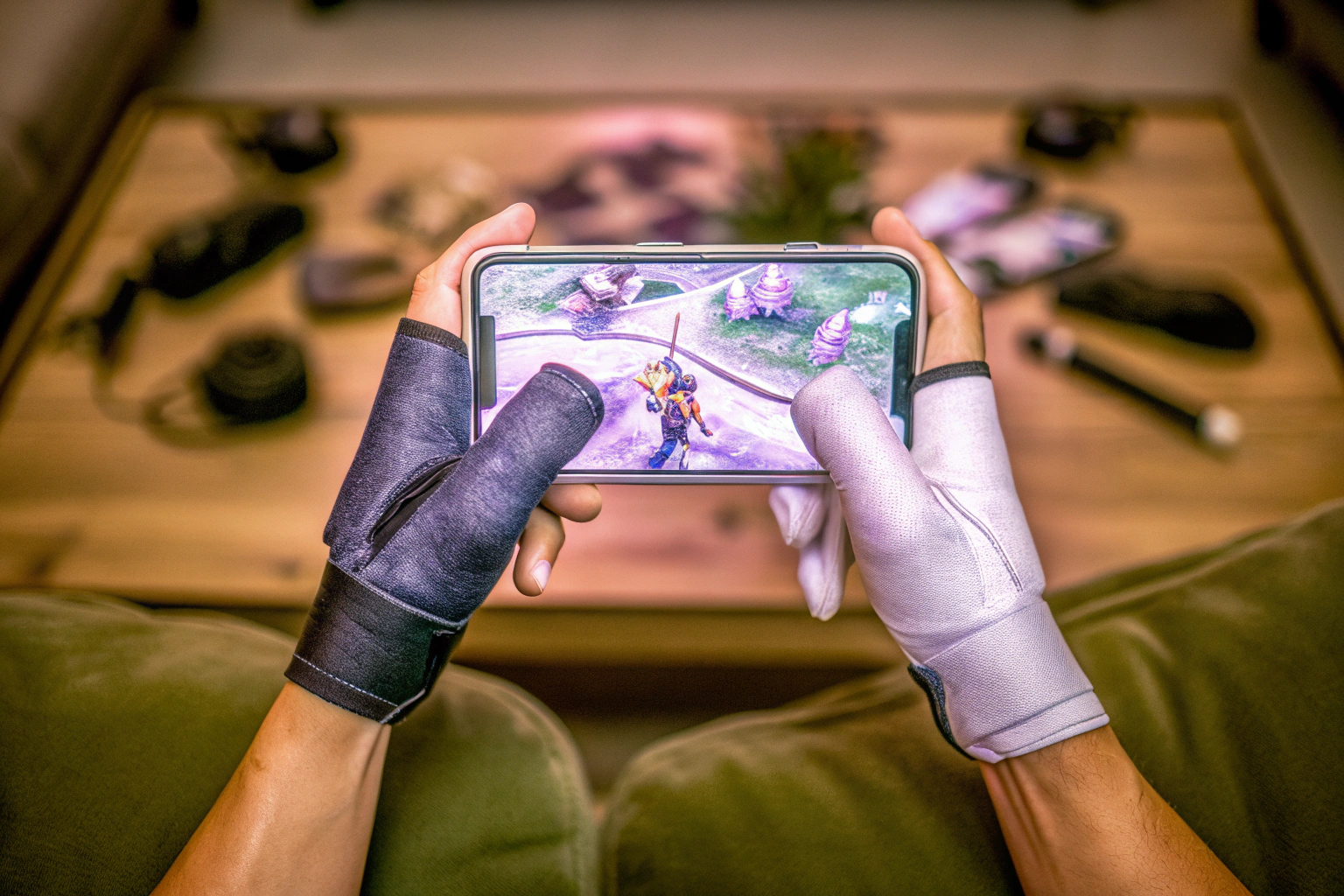 Gaming Finger Sleeves in Aktion auf einem Smartphone bei einem intensiven Spiel. Gaming Finger Sleeves im Einsatz